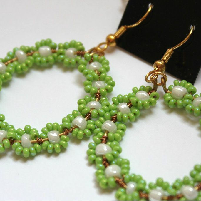 Chloe Hoop Earrings - Gold Wire with Pale Green and White Beads FREE PRIORITY SHIPPING