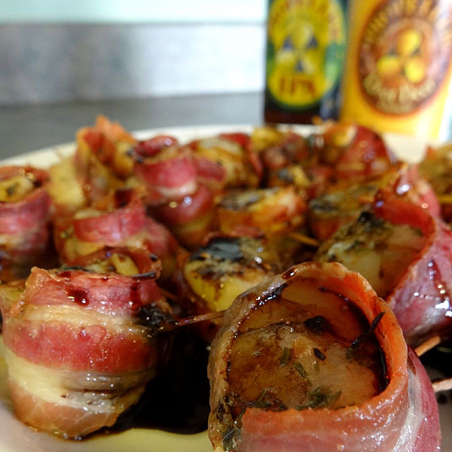 Bacon Wrapped Scallops with Propeller Root Beer Reduction