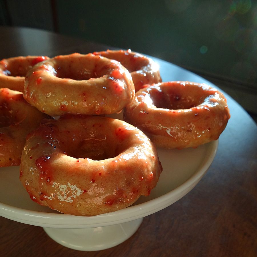 Rhubarb donuts with strawberry jam glaze