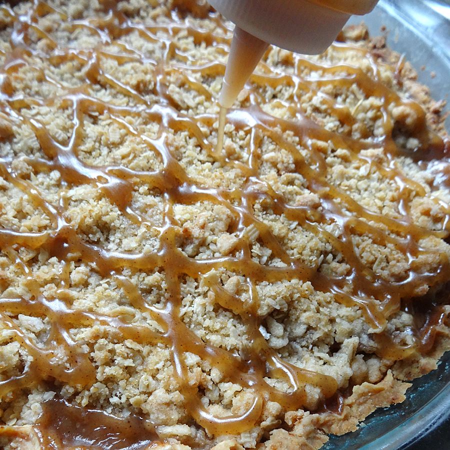 drizzle caramel sauce on pear pie