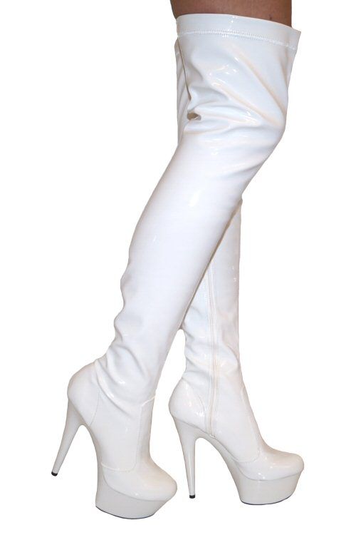 Thigh High Boots White Patent PU 